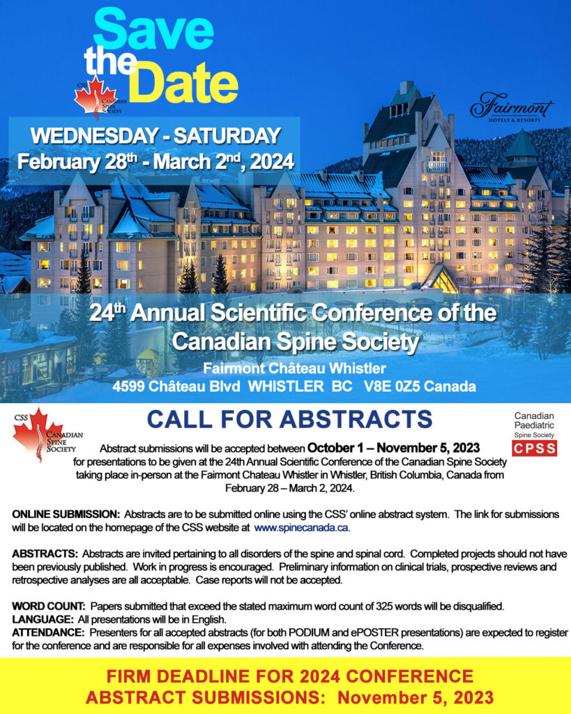 CSS 2024 Whistler BC Canadian Spine Society   Savethedate2024 Callforabstractsweb 819x1024 